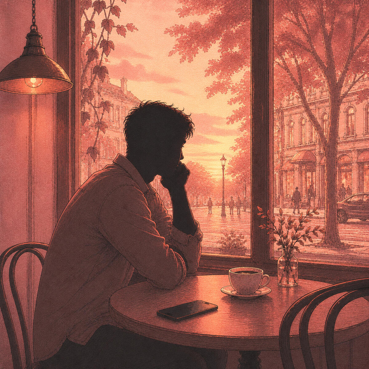 A silhouette figure sitting alone at a café table with phone face down, looking out the window, capturing the feeling of dating app exhaustion.