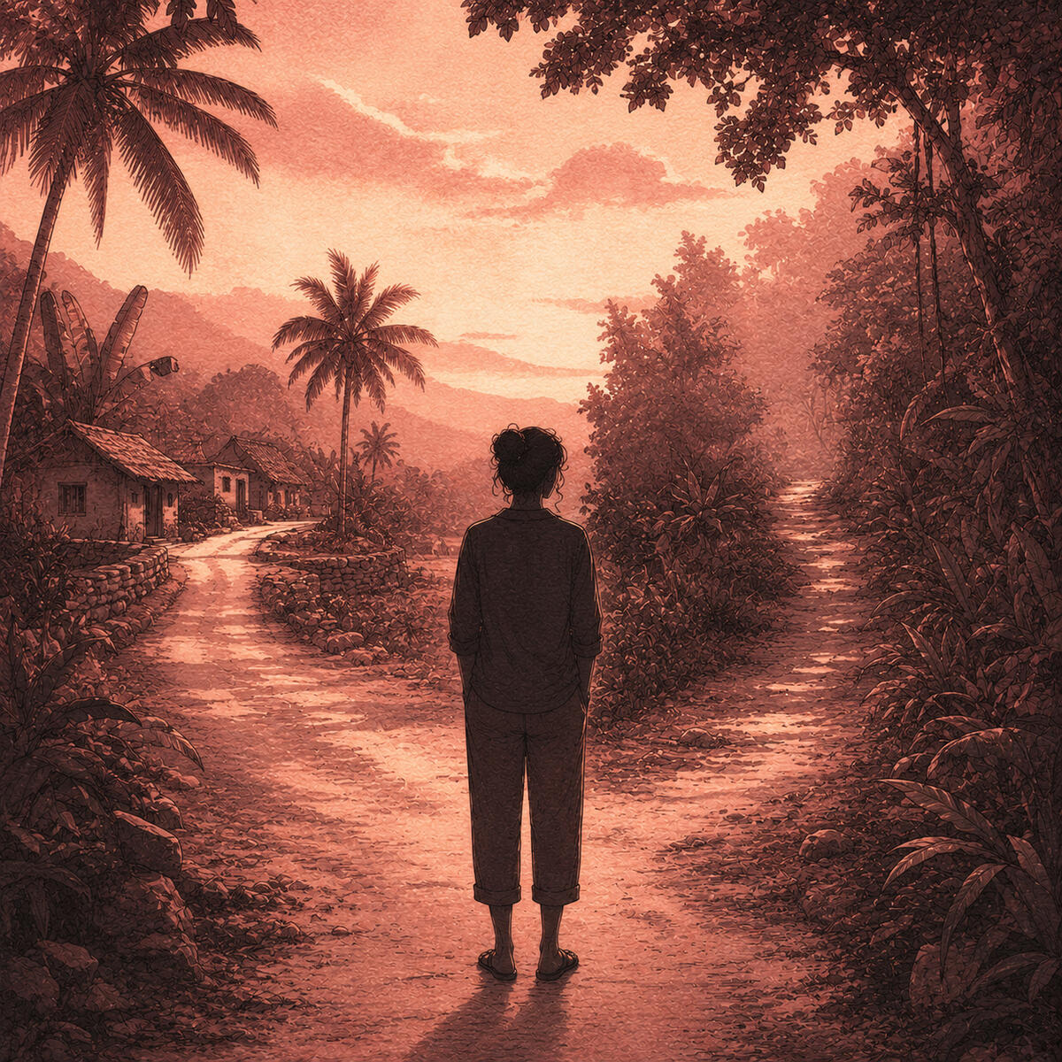 A silhouette figure standing at a crossroads on a tropical road, representing the moment of readiness for a different kind of relationship.