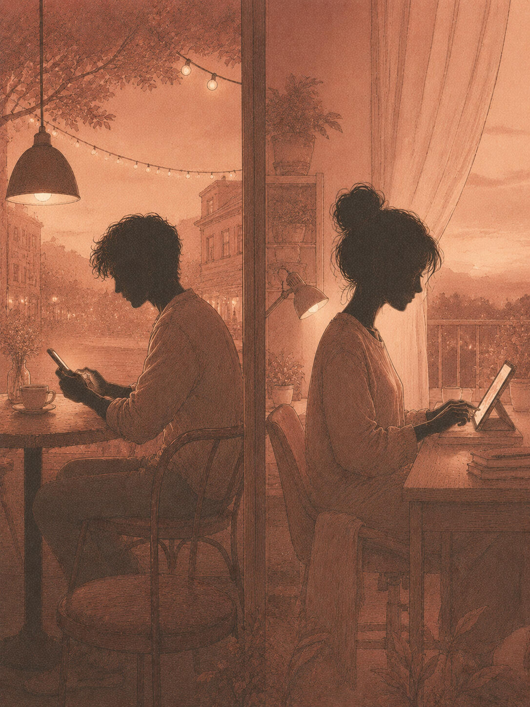 A male and female silhouette in separate locations each completing their Mind Modes® assessment, representing the compatibility check that happens before an introduction is made.