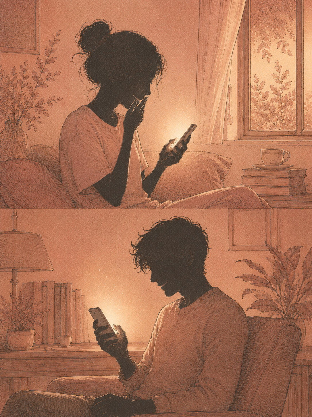 Two separate silhouette figures each checking their phone with quiet excitement, representing the moment both people are privately notified of a potential match.