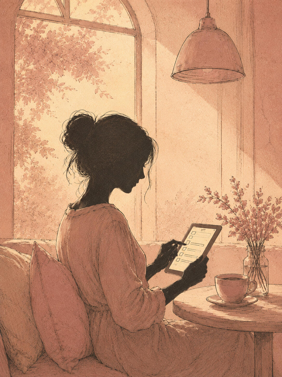 A silhouette figure sitting at a café table filling in a profile on a tablet, representing the simple and free first step of registering with Mind Modes® Matchmaking.